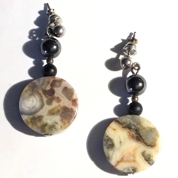 Sterling Silver, Agate, Onyx, Hematite Drops Pierced Earrings - Picture 1 of 3